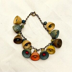 Vintage Boho Charm Bracelet - Hand-painted Wooden Bells, Funky Artisan EUC